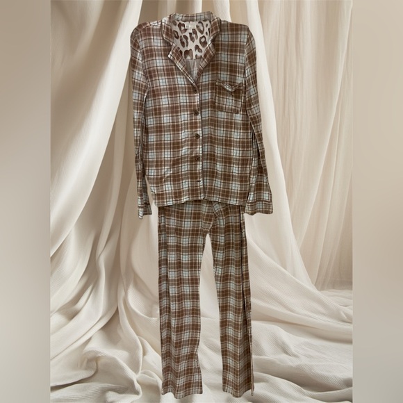 PJ Luxe Pajamas, Brown Plaid Soft Knit Fabric with Stretch, Soft and Comfy, Sz S - Picture 1 of 15